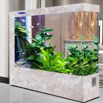 Akvaristika Velké stojací akvárium 150 x 35 x 130 cm Obdélníkové domácí akvárium s mramorovým vzorem LED osvětlení Filtrace Displej Ekologická příčka bílá