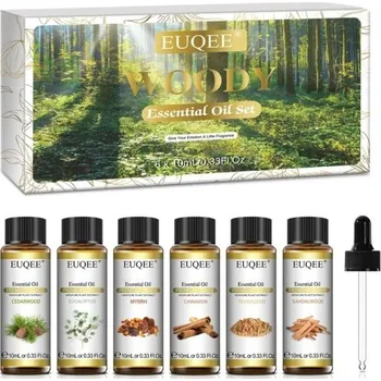 Sada dřevitých esenciálních olejů 6×10 ml s kapátkem Přírodní aroma oleje Difuzér Masáž Relaxace Výroba svíček Meditace Domácí použití