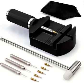 Sada nářadí Sada nářadí na úpravu kovových náramků hodinek Stojan, kladívko, vytahovače, hroty a hadřík Kompletní nástroj pro zkracování článků