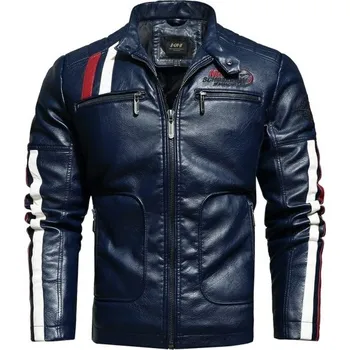 Pánská větrovka Pánská kožená motorkářská bunda tmavě modrá XL 3