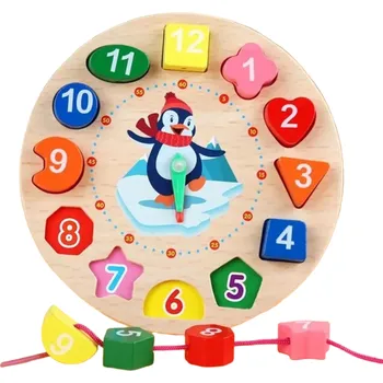 Dřevěná hračka Dřevěné vzdělávací hra pro děti hodiny s tučňákem naučné hodiny