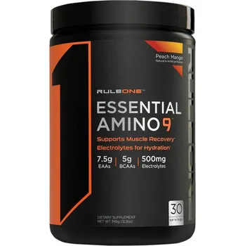 Aminokyselina Rule1 Essential Amino 9 Prášek esenciálních aminokyselin 345 g Příchuť: broskev a mango