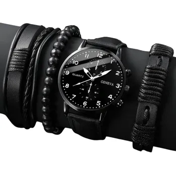 Hodinky Sada pánské hodinky černá barva a 3 kožené náramky Stylový set Elegantní doplněk Moderní pánské hodinky Dárek pro muže