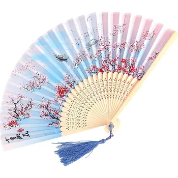 Karnevalový doplněk Čínský bambusový skládací vějíř 21 x 38 cm Růžovo-modrý s květy stromu Tradiční dekorace Dárek Orientální styl Elegantní doplněk