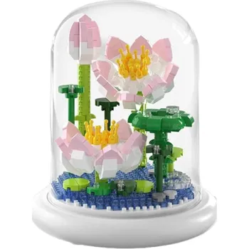 ostatní stavebnice Mini stavebnice leknínu na svítícím podstavci a ve skleněném poklopu 13,5 x 11,7 cm AAA baterie Domácí dekorace ze stavebnice Dětská skládací hračka 660 dílků