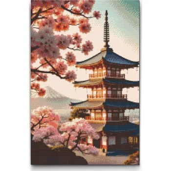 Diamantové malování Diamantové malování - Pagoda se sakurou Velikost: 40x60cm, Rámování: Pouze srolované plátno, Diamanty: Čtvercové