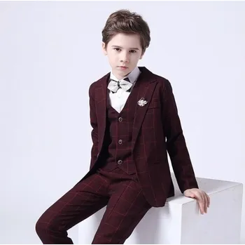 Chlapecký kostkovaný oblek s vestou B1310 vínová 12 A