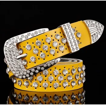 Opasek Moderní kožený pásek s luxusními kamínky J3049 žlutá 115 cm