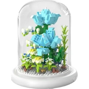 ostatní stavebnice Mini stavebnice modré růže na svítícím podstavci a ve skleněném poklopu 13,5 x 11,7 cm AAA baterie Domácí dekorace ze stavebnice Dětská skládací hračka 570 dílků