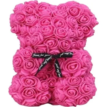 Růžový medvídek s černou stužkou z umělých růží Luxusní květinová dekorace Romantický dárek Ručně vyráběná figurka Valentýnská ozdoba 25 cm