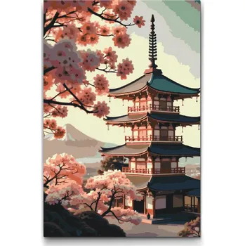 Malování podle čísel - Pagoda se sakurou Velikost: 40x60cm, Rámování: Pouze srolované plátno