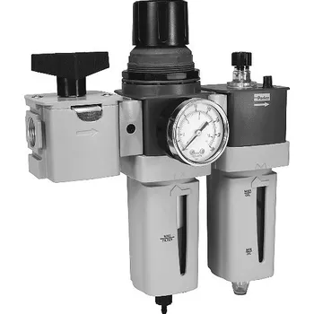 Instalatérský materiál Filtr/Regulátor, lubrikátor, blokovací kulový ventil, G3/4"vni, 5 µm, 8 bar, max. 71 l/s, kovová nádobka, automatické vypouštění Parker P33QA16SEANGLNW