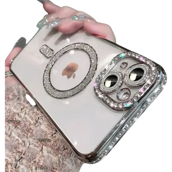 Pouzdro na mobilní telefon Pouzdro na iPhone 14 Plus Třpytivé kamínky Luxusní kryt s podporou magnetického bezdrátového nabíjení Elegantní ochrana a moderní design stříbrná