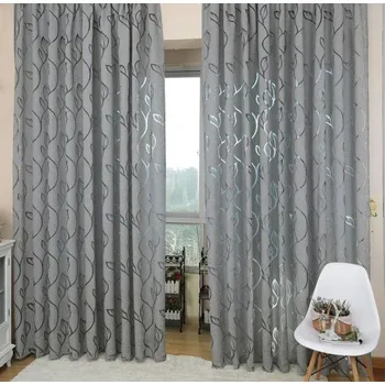 Žakárový poloprůhledný závěs Závěs se vzorem listu Elegantní dlouhý závěs Designový tkaný závěs Panelový závěs se zavěšením na řasící pásce 300 x 270 cm šedá