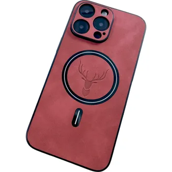 Pouzdro na mobilní telefon Luxusní pouzdro z umělé kůže pro iPhone 15 Pro Max s motivem jelena, podporuje bezdrátové nabíjení, stylová ochrana s elegantním designem červená