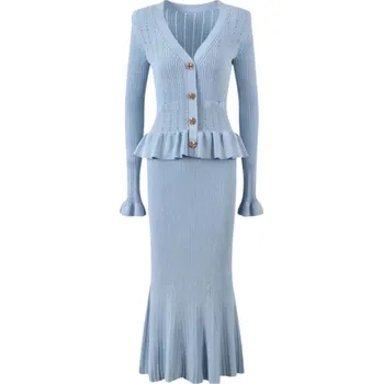 Dámské šaty Elegantní žebrované úpletové šaty se zlatými knoflíky Výstřih do V Dlouhé rukávy Volánový lem Společenské pletené šaty na podzim i jaro modrá