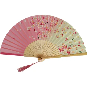 Karnevalový doplněk Čínský dámský bambusový vějíř 21 cm Růžovo žlutý vějíř s květy stromu Dekorativní skládací vějíř Elegantní letní doplněk