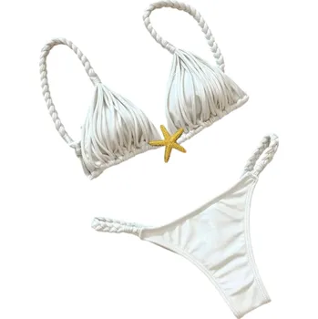 Dámské plavky Dámské dvoudílné bikiny s copánkovými ramínky a hvězdicí Trojúhelníkový top s třásněmi a tanga kalhotky Ideální plavky na léto bílá L