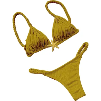Dámské plavky Dámské dvoudílné bikiny s copánkovými ramínky a hvězdicí Trojúhelníkový top s třásněmi a tanga kalhotky Ideální plavky na léto žlutá L