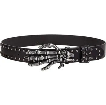 Opasek Černý kožený pásek s kovovými nýty 105 x 3,8 cm Přezka ve tvaru kostlivcovy ruky Rockový styl Gothic módní doplněk Unisex punk opasek