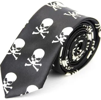 Kravata Tenká černá unisex kravata s motivem lebek 145 x 5 cm Stylová gotická kravata Lebkový vzor Rockový módní doplněk pro muže i ženy na párty a koncerty