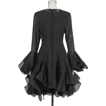 Dámské šaty Koktejlové šaty s bohatou vícevrstvou sukní Volánové rukávy Elegantní střih Dlouhé rukávy Zapínání na knoflíky Luxusní společenský model černá M
