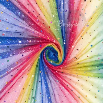 Tyl Duhový s hvězdičkami (E) (Jemný tyl)