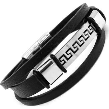 Náramek Steel Jewelry Náramek pánský černý kožený s kombinací chirurgické oceli NR231031 dárkové balení zdarma