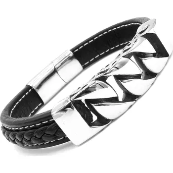 Náramek Steel Jewelry Náramek pánský černý kožený s kombinací chirurgické oceli NR231018 dárkové balení zdarma