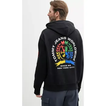 Pánská mikina Bavlněná mikina Tommy Jeans pánská, černá barva, s kapucí, s potiskem, DM0DM20836 99X, vel. M
