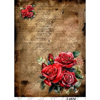 Umělecký papír Rýžový a soft papír na decoupage - Růže, psaní - KB0574 Materiál: Soft, Rozměr: A4