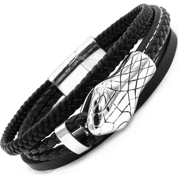 Náramek Steel Jewelry Náramek Had pánský černý kožený s kombinací chirurgické oceli had NR231032 dárkové balení zdarma