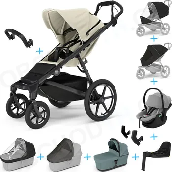 Kočárek Set 10v1 Thule Urban Glide 4-wheel Soft beige + madlo + korbička Mid blue + pláštěnky a moskytiéry Thule + Autosedačka Thule Maple Light Gray s ISOFIX základnou Thule Alfi a adaptéry