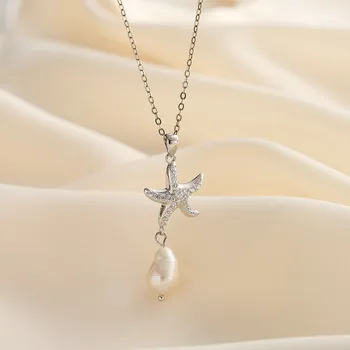 Náhrdelník Stříbrný náhrdelník se zavěšenou hvězdicí a perličkou, WHITE ORCHID Povrchová úprava stříbra: žluté zlato