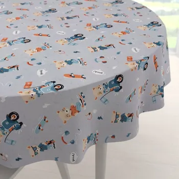 ubrus Dětský bavlněný kulatý ubrus Sandra SA-599 Méďové na motorkách a skateboardech na světle šedomodrém Ø 40 cm