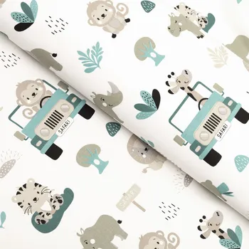 Dětská bavlněná látka/plátno Sandra SA-477 Šedobéžová zvířátka v Safari - šířka 160 cm