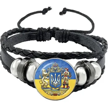 Náramek Tryzub ukrajinský kožený náramek se skleněným kabošonem | kožený náramek, pánský náramek - 3