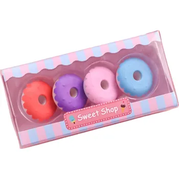 Pryž Dětská sada gum na tužky ve tvaru donutu 4 ks Barevné donuty na gumování pro děti Sada gumovacích potřeb v krabici Mazací guma donut Pryž na gumování v sadě 4 kusů 3 x 3 cm