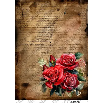Umělecký papír Rýžový a soft papír na decoupage - Růže, psaní - KB0575 Materiál: Soft, Rozměr: A4