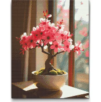 Diamantové malování Diamantové malování - Sakura bonsai u okna Velikost: 30x40cm, Rámování: Pouze srolované plátno, Diamanty: Čtvercové