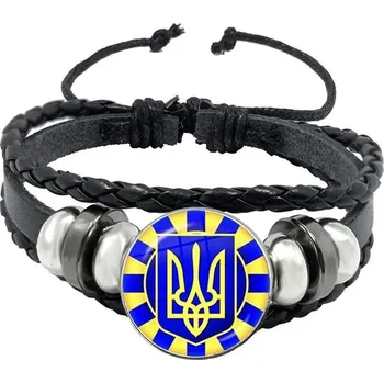 Náramek Tryzub ukrajinský kožený náramek se skleněným kabošonem | kožený náramek, pánský náramek - 6