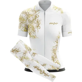 cyklistický dres Dámský cyklistický dres Flowers Gold bílá s návleky na ruce