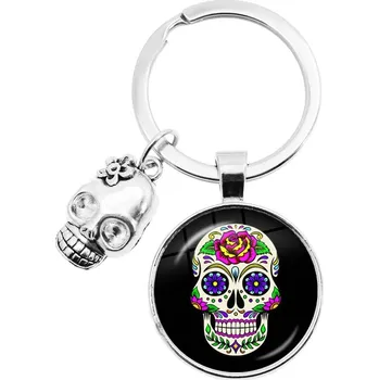 Přívěsek Barevný přívěsek s lebkou a květinami | přívěsek na klíče, unisex šperk - 1