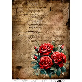 Umělecký papír Rýžový a soft papír na decoupage - Růže, psaní - KB0573 Materiál: Soft, Rozměr: A4
