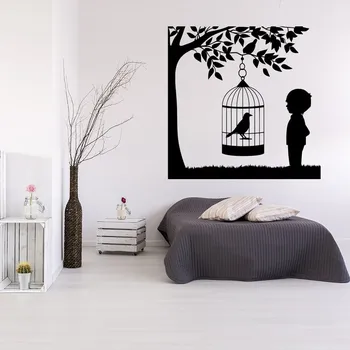 Samolepící dekorace Živá Zeď Samolepka na zeď Ptáček v kleci na stromě Barva: černá, Velikost: 60 x 60 cm