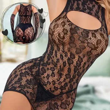 Dámské šaty Černé sexy krajkové šaty s rukavičkami