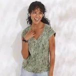 Blancheporte Tričko s výstřihem do V lemovaným macramé a s potiskem khaki/černá 54