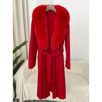 Dámský kabát Luxusní kabát z vlny s pravým kožíškem liška Barva: Červená, Velikost: S