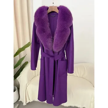 Dámské oblečení Luxusní kabát z vlny s pravým kožíškem liška Barva: Fialová, Velikost: M