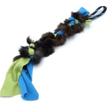 Hračka pro psa Flísové přetahovadlo s králičí kožešinou modrá/zelená - střední 40cm